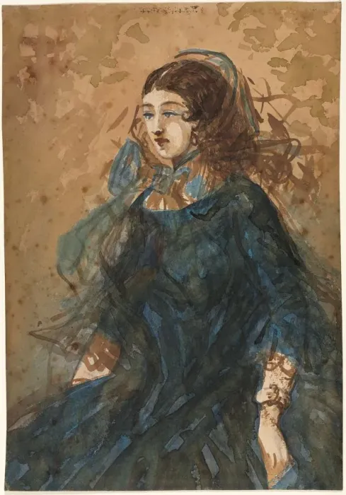 Framed Print : Woman in a Blue Dress (recto), 1855-1860. Creator: Constantin Guys (French, 1805-1892) Framed Print : Woman in a Blue Dress (recto), 1855-1860. Creator: Constantin Guys (French, 1805-1892)
