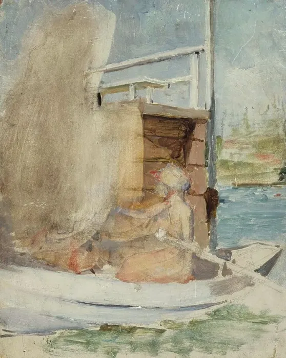 Framed Print : A woman in a boat by the pier, c1890s. Creator: Albert Edelfelt Framed Print : A woman in a boat by the pier, c1890s. Creator: Albert Edelfelt