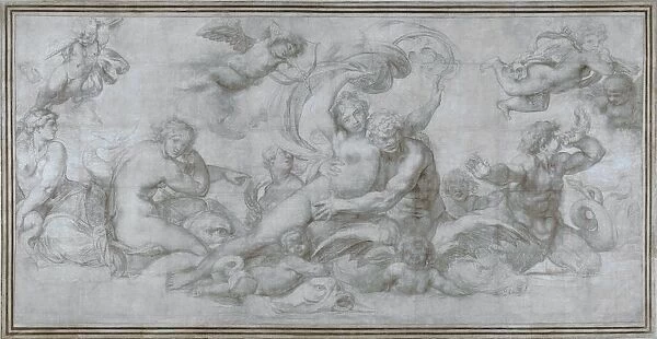 A Woman borne off by a Sea God (Cartoon for a fresco in the Gallery of the Palazzo Farnese, Rome), c. 1599. Artist: Carracci, Agostino (1557-1602)