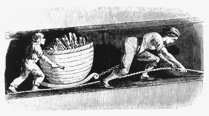 Framed Print : Woman and boy drawing a corve containing 3-4 cwt of coal, Bolton, Lancashire, 1848 Framed Print : Woman and boy drawing a corve containing 3-4 cwt of coal, Bolton, Lancashire, 1848