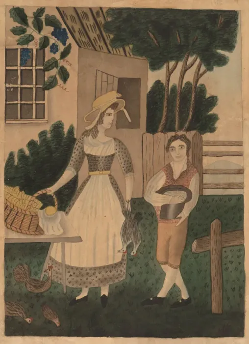 Framed Print : Woman and Boy with Provisions, c. 1840. Creator: Unknown