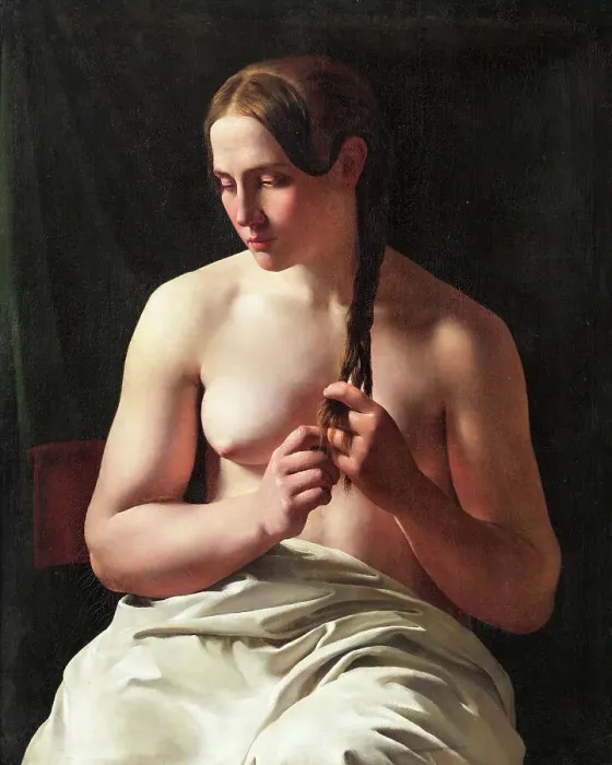 Framed Print : Woman braiding her hair, 1839. Creator: Ludvig August Smith Framed Print : Woman braiding her hair, 1839. Creator: Ludvig August Smith
