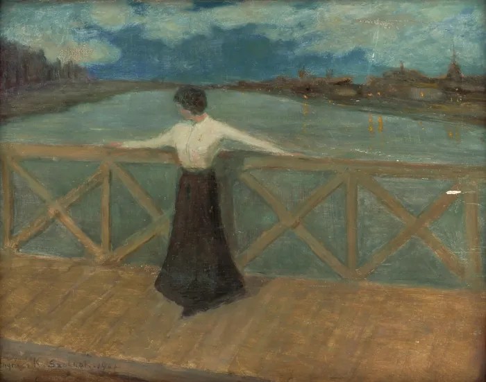 Framed Print : Woman on a bridge, 1907. Creator: Karol Pongracz Framed Print : Woman on a bridge, 1907. Creator: Karol Pongracz