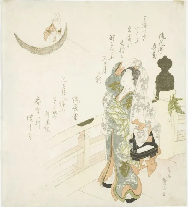 Framed Print : Woman on the bridge watching the moon, Japan, 1831. Creator: Katsushika Taito Framed Print : Woman on the bridge watching the moon, Japan, 1831. Creator: Katsushika Taito