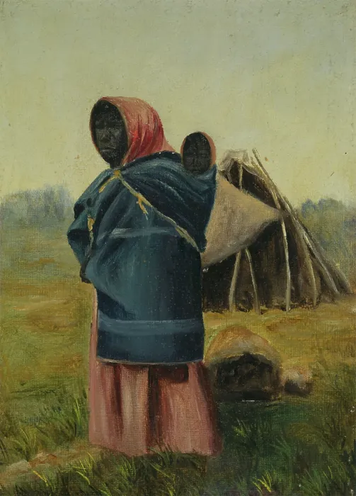Framed Print : A woman carrying a baby on her back, a tent in the background, between 1800 and 1899. Creator: Unknown Framed Print : A woman carrying a baby on her back, a tent in the background, between 1800 and 1899. Creator: Unknown