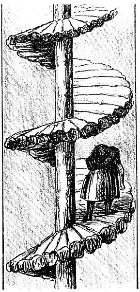 Woman carrying a load of coal up a turnpike spiral stair, Scottish, 1848