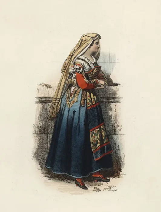 Framed Print : Woman from Cervera (Kingdom of Naples), color engraving 1870 Framed Print : Woman from Cervera (Kingdom of Naples), color engraving 1870