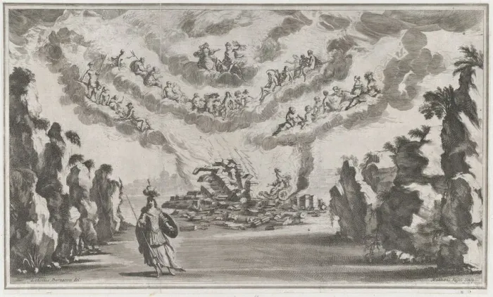 Framed Print : A woman in a chariot arrives at the ruins of a building as the Olympian gods look down fro... 1668. Creator: Mathaus Küsel Framed Print : A woman in a chariot arrives at the ruins of a building as the Olympian gods look down fro... 1668. Creator: Mathaus Küsel
