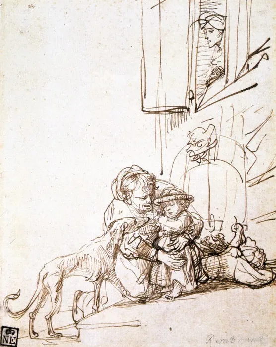 Framed Print : Woman with a Child Afraid of a Dog, 17th century. Artist: Rembrandt Harmensz van Rijn Framed Print : Woman with a Child Afraid of a Dog, 17th century. Artist: Rembrandt Harmensz van Rijn
