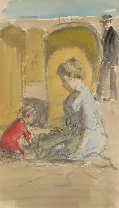 Framed Print : Woman with a child on the beach, 1881-1927. Creator: Johan Antonie de Jonge Framed Print : Woman with a child on the beach, 1881-1927. Creator: Johan Antonie de Jonge