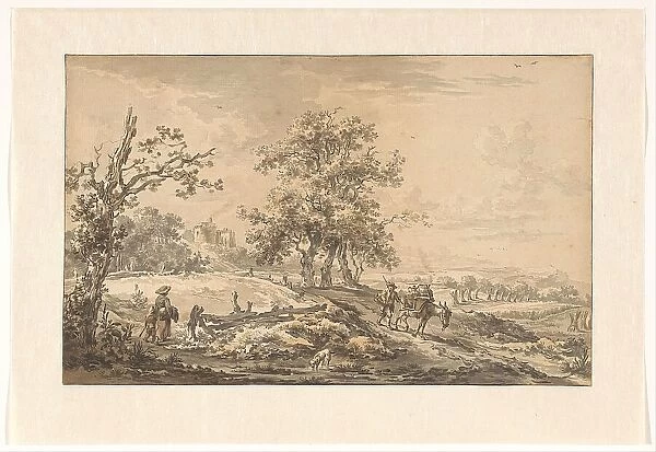 Woman with child and man with donkey in landscape, 1755-1818. Creator: Egbert van Drielst