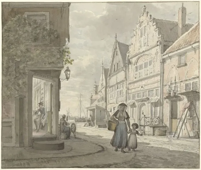 Framed Print : Woman and a child walk on the street in a fishing village, 1817. Creator: Johannes Jelgerhuis Framed Print : Woman and a child walk on the street in a fishing village, 1817. Creator: Johannes Jelgerhuis