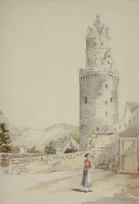 Framed Print : Woman and Child before Walled Town with Tower, n. d. Creator: Elizabeth Murray Framed Print : Woman and Child before Walled Town with Tower, n. d. Creator: Elizabeth Murray