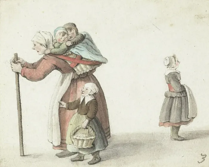 Framed Print : Woman with two children in a carrying basket, 1651. Creator: Gesina ter Borch Framed Print : Woman with two children in a carrying basket, 1651. Creator: Gesina ter Borch