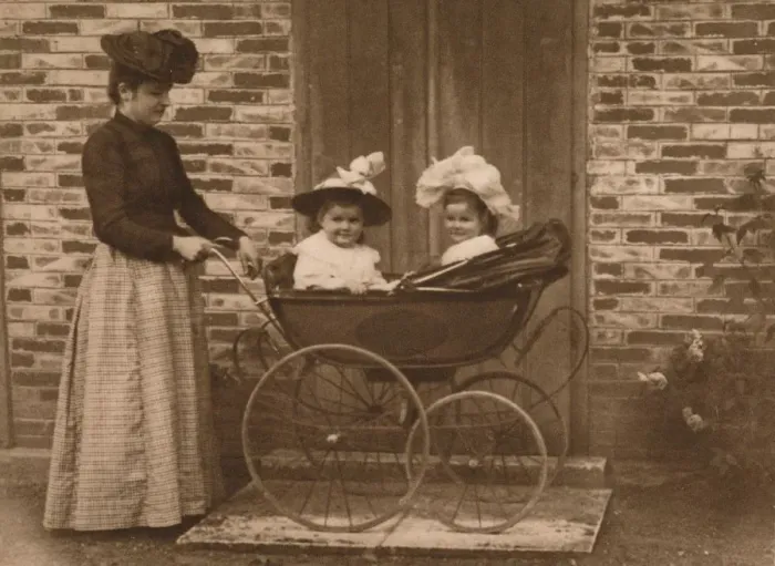 Framed Print : Woman and children in a pushchair, 1937 Framed Print : Woman and children in a pushchair, 1937