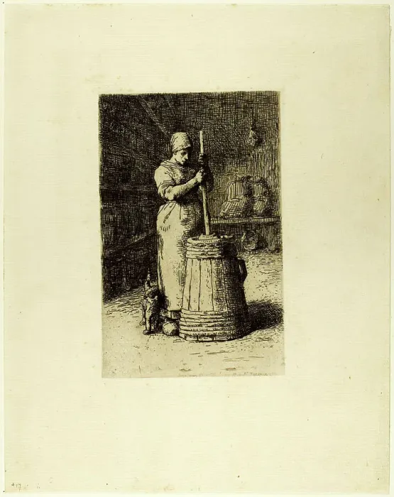 Framed Print : A Woman Churning, 1855. Creator: Jean Francois Millet Framed Print : A Woman Churning, 1855. Creator: Jean Francois Millet