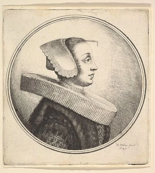 Woman with circular ruff, bonnet and hair-pin, in profile to right, 1645
