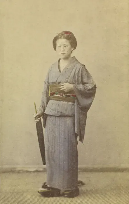 Framed Print : Woman with closed parasol, about 1868. Creator: Felice Beato Framed Print : Woman with closed parasol, about 1868. Creator: Felice Beato