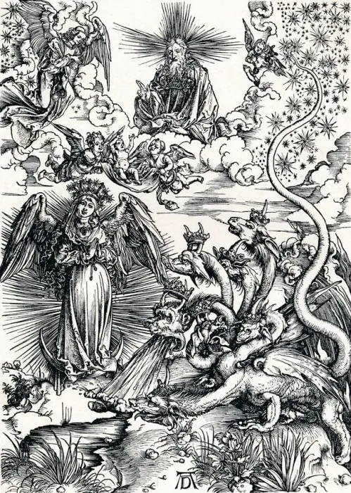 Framed Print : The Woman Clothed with the Sun and the Seven-Headed Dragon, 1498 (1906). Artist: Albrecht Durer Framed Print : The Woman Clothed with the Sun and the Seven-Headed Dragon, 1498 (1906). Artist: Albrecht Durer