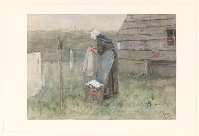 Framed Print : Woman at a clothesline, 1848-1888. Creator: Anton Mauve Framed Print : Woman at a clothesline, 1848-1888. Creator: Anton Mauve