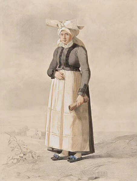 Woman in costume, standing full-length with a landscape in the background. Creator: Otto Wallgren
