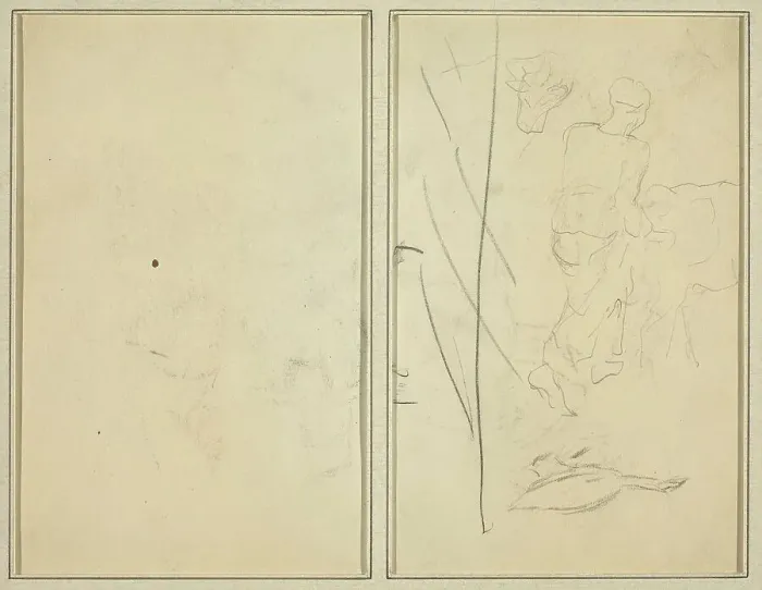 Framed Print : Woman with Cow, and Goose; Counterproof [verso], 1884-1888. Creator: Paul Gauguin