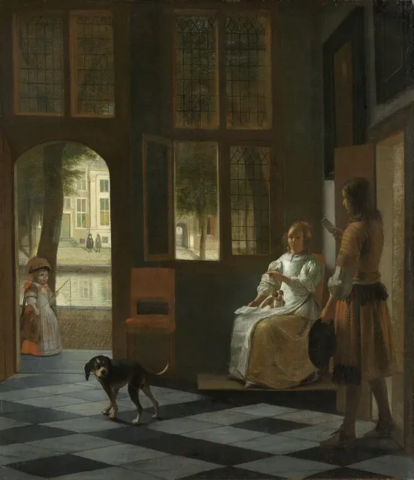 Framed Print : A Woman Directing a Young Man With a Letter, 1670. Artist: Hooch, Pieter, de (1629-1684) Framed Print : A Woman Directing a Young Man With a Letter, 1670. Artist: Hooch, Pieter, de (1629-1684)