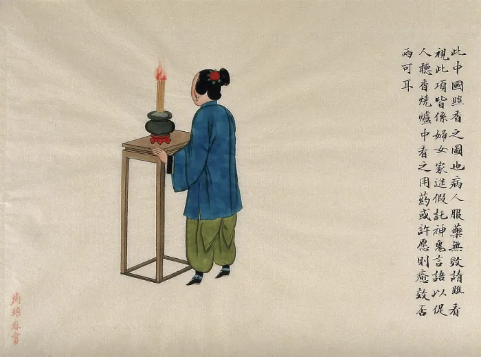 Framed Print : A woman diviner burning incense, 1890. Creator: Pei Qun Zhou Framed Print : A woman diviner burning incense, 1890. Creator: Pei Qun Zhou