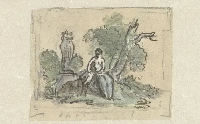 Framed Print : Woman with dog in park, c.1752-c.1819. Creator: Juriaan Andriessen Framed Print : Woman with dog in park, c.1752-c.1819. Creator: Juriaan Andriessen
