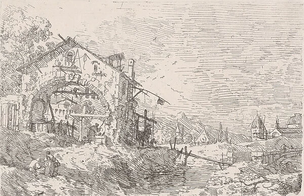 Woman drawing water from a well beneath an arcade at left, with a landscape at right, 1