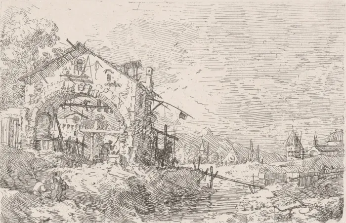Framed Print : Woman drawing water from a well beneath an arcade at left, with a landscape at right, 1 Framed Print : Woman drawing water from a well beneath an arcade at left, with a landscape at right, 1