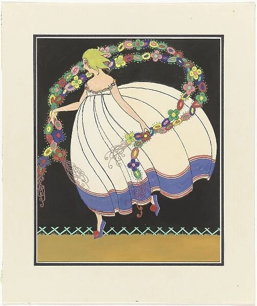 Woman in dress with full skirt, garlands in her hands, c.1910-c.1920. Creator: Anon