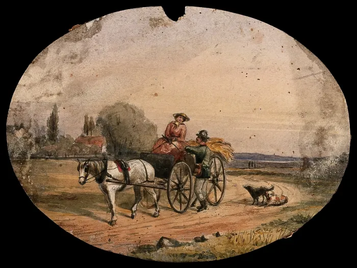 Framed Print : A woman driving a horse-drawn cart loaded with hay has stopped on the road to speak to a man... Creator: Unknown Framed Print : A woman driving a horse-drawn cart loaded with hay has stopped on the road to speak to a man... Creator: Unknown