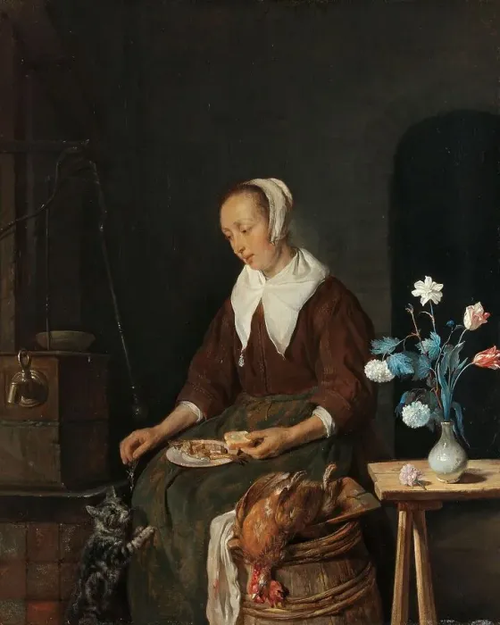 Framed Print : Woman Eating, Known as ‘The Cat's Breakfast, c.1661-c.1664. Creator: Gabriel Metsu Framed Print : Woman Eating, Known as ‘The Cat's Breakfast, c.1661-c.1664. Creator: Gabriel Metsu