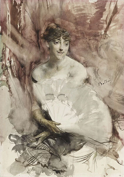 Woman with fan seated in a theatre box (Countess of Rasti), ca 1878. Artist: Boldini, Giovanni (1842-1931)