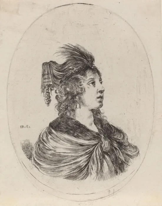 Framed Print : Woman in a Feathered Turban, Turned to the Right, 1649 / 1650. Creator: Stefano della Bella Framed Print : Woman in a Feathered Turban, Turned to the Right, 1649 / 1650. Creator: Stefano della Bella