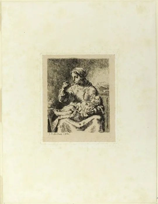 Framed Print : Woman Feeding Her Child, 1861. Creator: Jean Francois Millet Framed Print : Woman Feeding Her Child, 1861. Creator: Jean Francois Millet