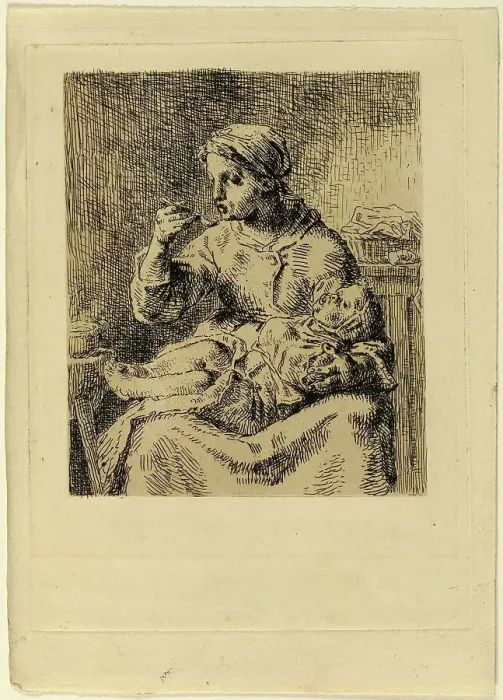 Framed Print : Woman Feeding Her Child, 1861. Creator: Jean Francois Millet Framed Print : Woman Feeding Her Child, 1861. Creator: Jean Francois Millet