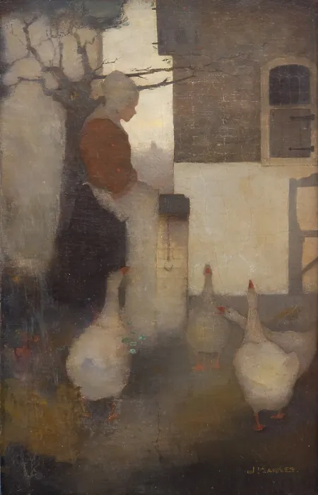 Framed Print : Woman feeding geese (Goose Lizzie), 1911. Creator: Mankes, Jan (1889-1920) Framed Print : Woman feeding geese (Goose Lizzie), 1911. Creator: Mankes, Jan (1889-1920)
