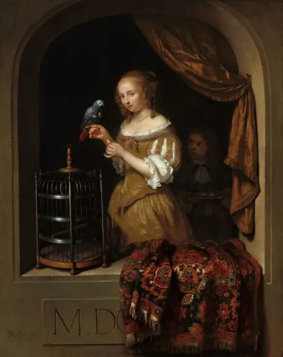 Framed Print : A Woman Feeding a Parrot, with a Page, 1666. Creator: Gaspar Netscher Framed Print : A Woman Feeding a Parrot, with a Page, 1666. Creator: Gaspar Netscher