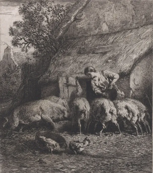 Framed Print : Woman Feeding Pigs, 1850. Creator: Charles Emile Jacque Framed Print : Woman Feeding Pigs, 1850. Creator: Charles Emile Jacque