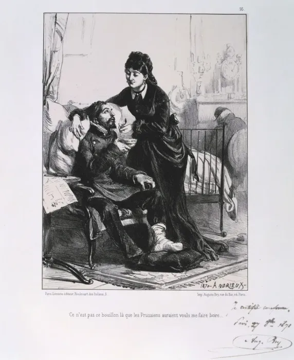 Framed Print : A woman feeding a wounded soldier soup, Siege of Paris, Franco-Prussian War, 1870 (1871). Artist: Auguste Bry Framed Print : A woman feeding a wounded soldier soup, Siege of Paris, Franco-Prussian War, 1870 (1871). Artist: Auguste Bry