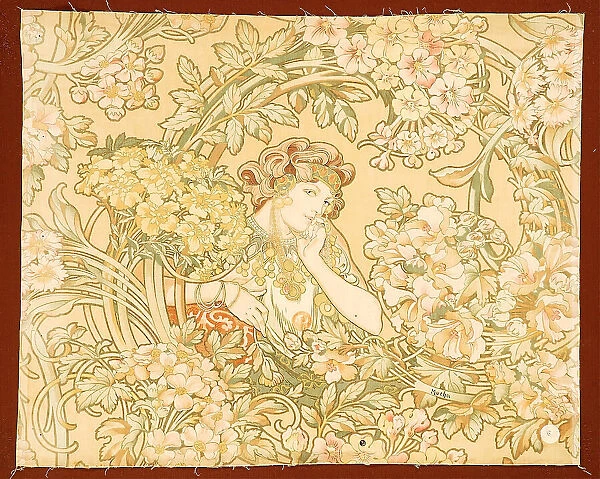 Woman among flowers (printed fabric), 1898-1899. Creator: Mucha, Alfons Marie (1860-1939)