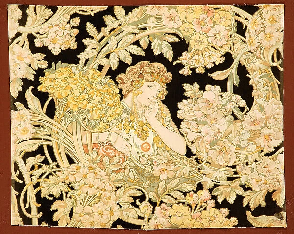 Woman among flowers (printed fabric), 1898-1899. Creator: Mucha, Alfons Marie (1860-1939)