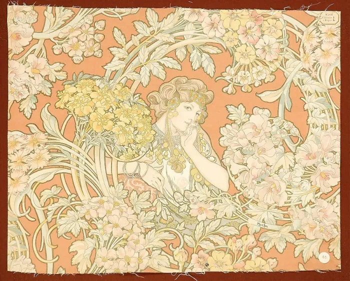 Framed Print : Woman among flowers (printed fabric), 1898-1899. Creator: Mucha, Alfons Marie (1860-1939) Framed Print : Woman among flowers (printed fabric), 1898-1899. Creator: Mucha, Alfons Marie (1860-1939)