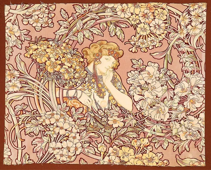 Framed Print : Woman among flowers (printed fabric), 1898-1899. Creator: Mucha, Alfons Marie (1860-1939) Framed Print : Woman among flowers (printed fabric), 1898-1899. Creator: Mucha, Alfons Marie (1860-1939)