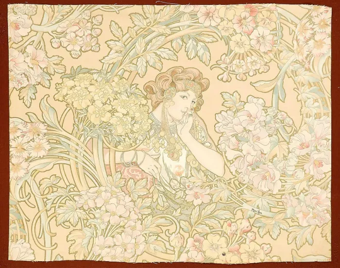 Framed Print : Woman among flowers (printed fabric), 1898-1899. Creator: Mucha, Alfons Marie (1860-1939) Framed Print : Woman among flowers (printed fabric), 1898-1899. Creator: Mucha, Alfons Marie (1860-1939)