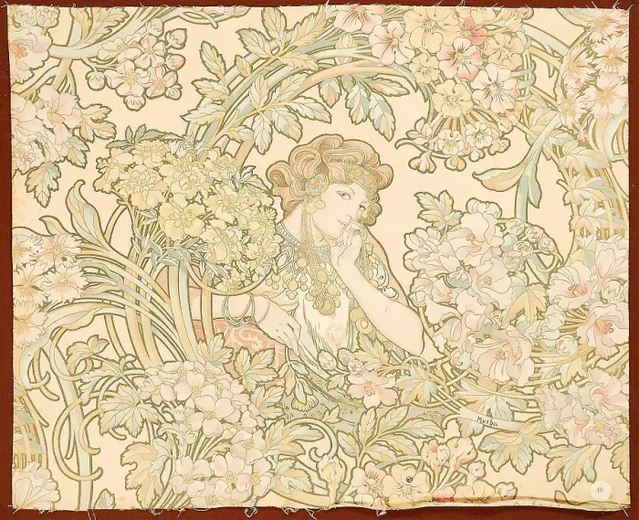 Framed Print : Woman among flowers (printed fabric), 1898-1899. Creator: Mucha, Alfons Marie (1860-1939) Framed Print : Woman among flowers (printed fabric), 1898-1899. Creator: Mucha, Alfons Marie (1860-1939)