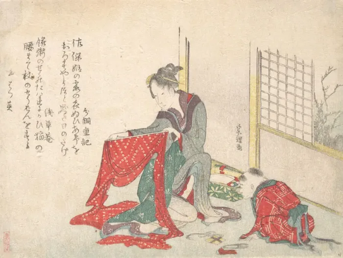 Framed Print : Woman Folding Cloth, late 18th-early 19th century. Creator: Hokusai Framed Print : Woman Folding Cloth, late 18th-early 19th century. Creator: Hokusai
