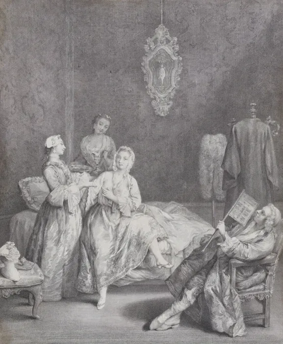 Framed Print : A woman getting out of bed in an elegant interior, with two servants about to help her Framed Print : A woman getting out of bed in an elegant interior, with two servants about to help her